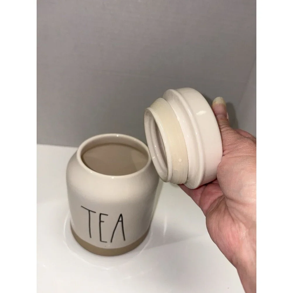 Rae Dunn 2021 Small Canister Tea Large Letters Sand Colored Bottom